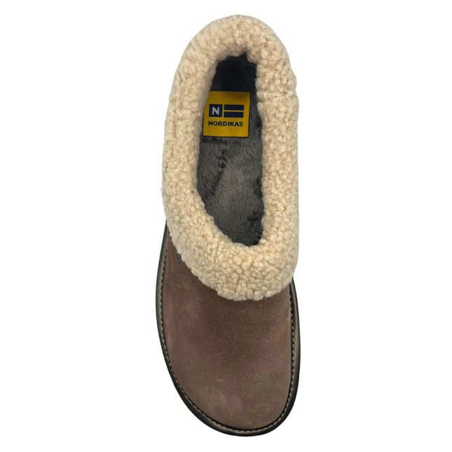Nordikas Women’s 1754-O/4 Afelpado Piedra Stone Suede Slippers – Shearling-Trimmed Closed Heel Wedge